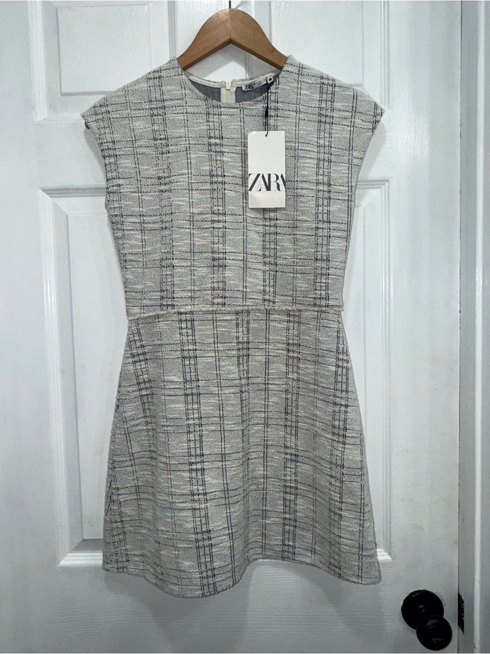Zara Cream and Gray Plaid Cap-Sleeve Mini Dress